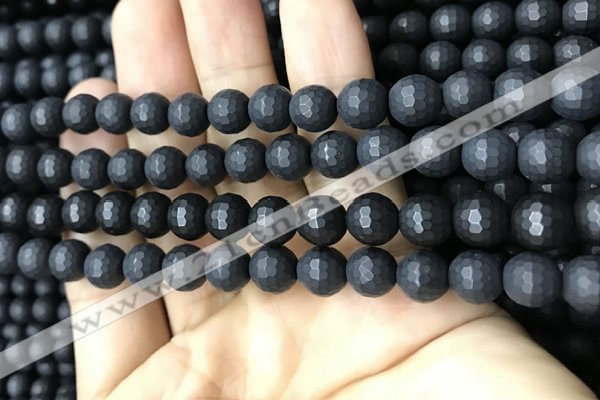 CAA2439 15.5 inches 8mm faceted round matte black agate beads