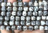 CCU1479 15 inches 8mm - 9mm faceted cube grey picture jasper beads