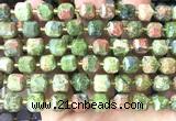 CCU1537 15 inches 8mm - 9mm faceted cube unakite gemstone beads