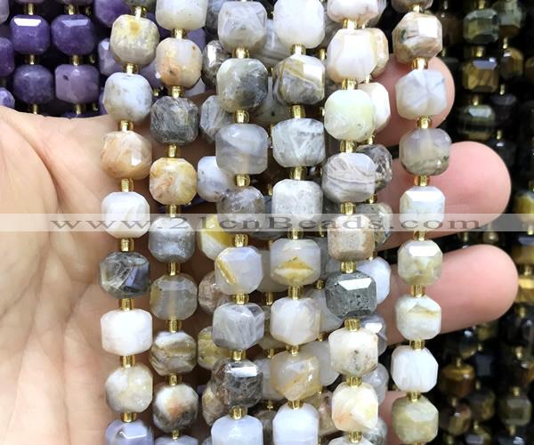 CCU1540 15 inches 8mm - 9mm faceted cube bamboo leaf agate beads