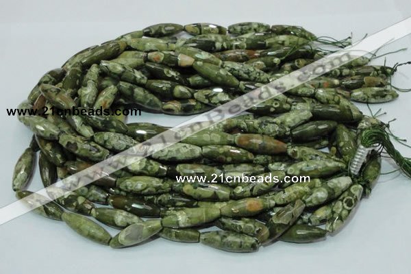 CPS70 15.5 inches 10*30mm faceted rice green peacock stone beads