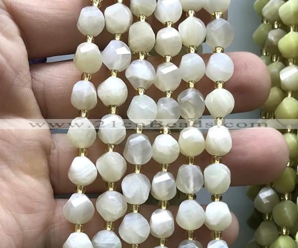 CTW601 15 inches 8mm faceted & twisted S-shaped grey moonstone beads