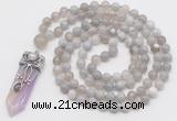 GMN1558 Knotted 8mm, 10mm grey banded agate 108 beads mala necklace with pendant