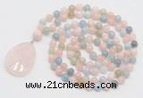 GMN4655 Hand-knotted 8mm, 10mm morganite 108 beads mala necklace with pendant