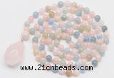 GMN4819 Hand-knotted 8mm, 10mm morganite 108 beads mala necklace with pendant